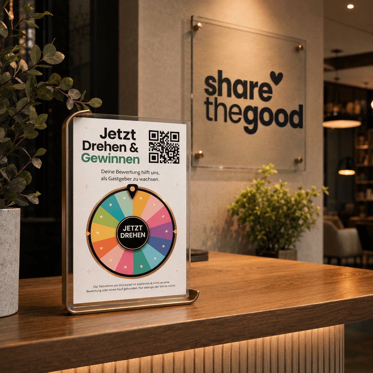 Individuell gebrandeter share the good Aufsteller in einem lokalen Unternehmen