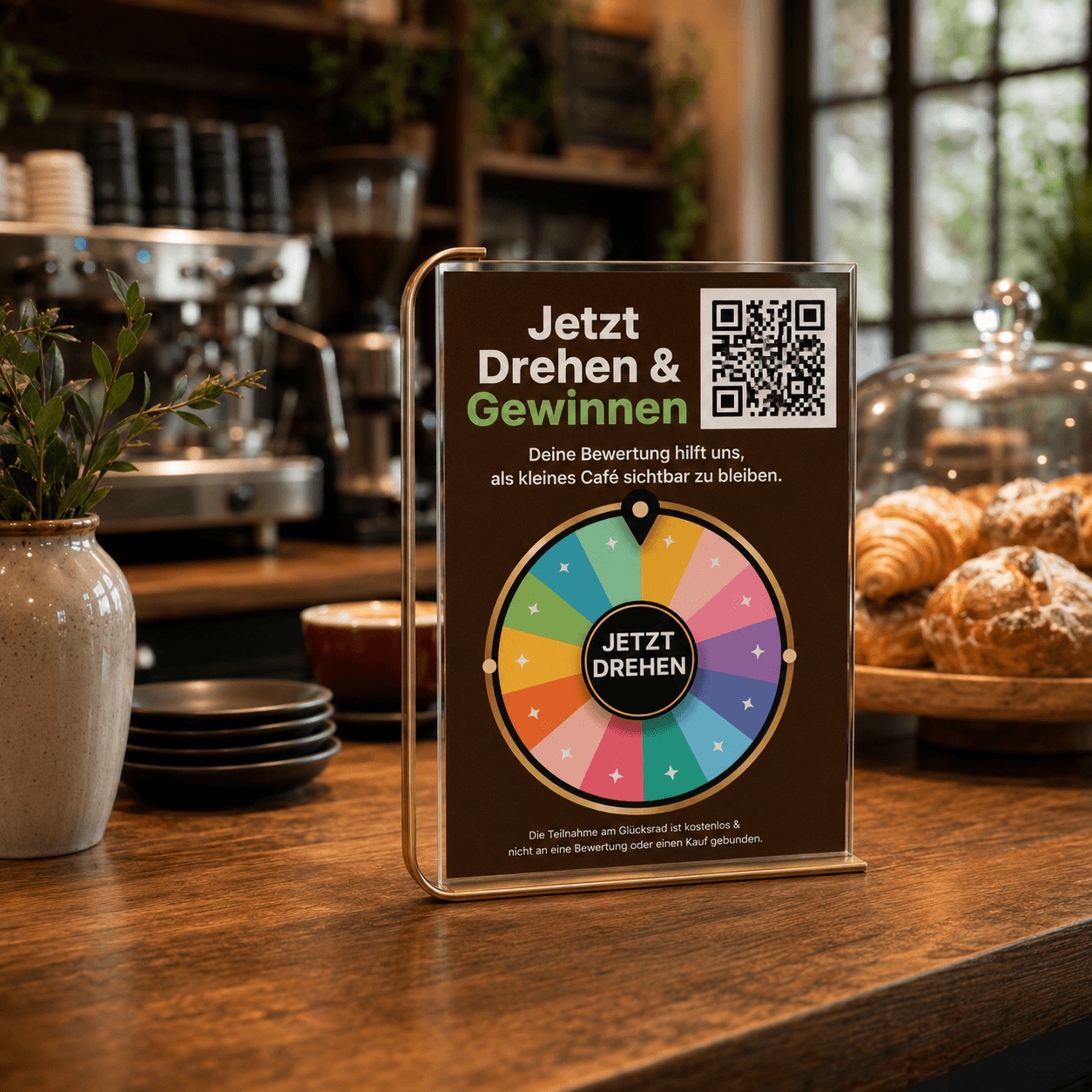 share the good QR-Aufsteller auf einem Café-Tresen